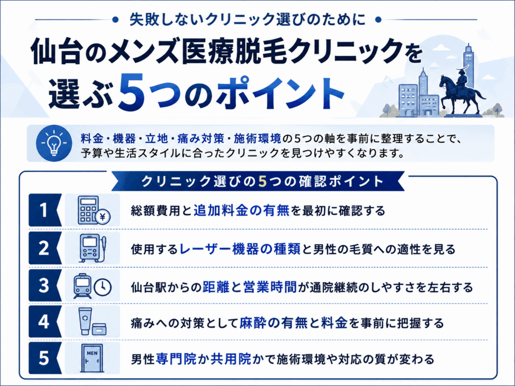 仙台のメンズ医療脱毛クリニックを選ぶ5つのポイントまとめ画像