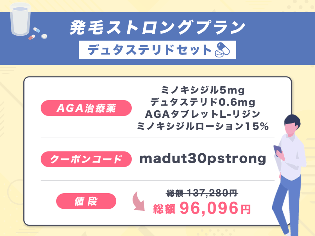 発毛ストロングプランデュタステリドセットは通常料金から総額30%割引のAGAクーポン
