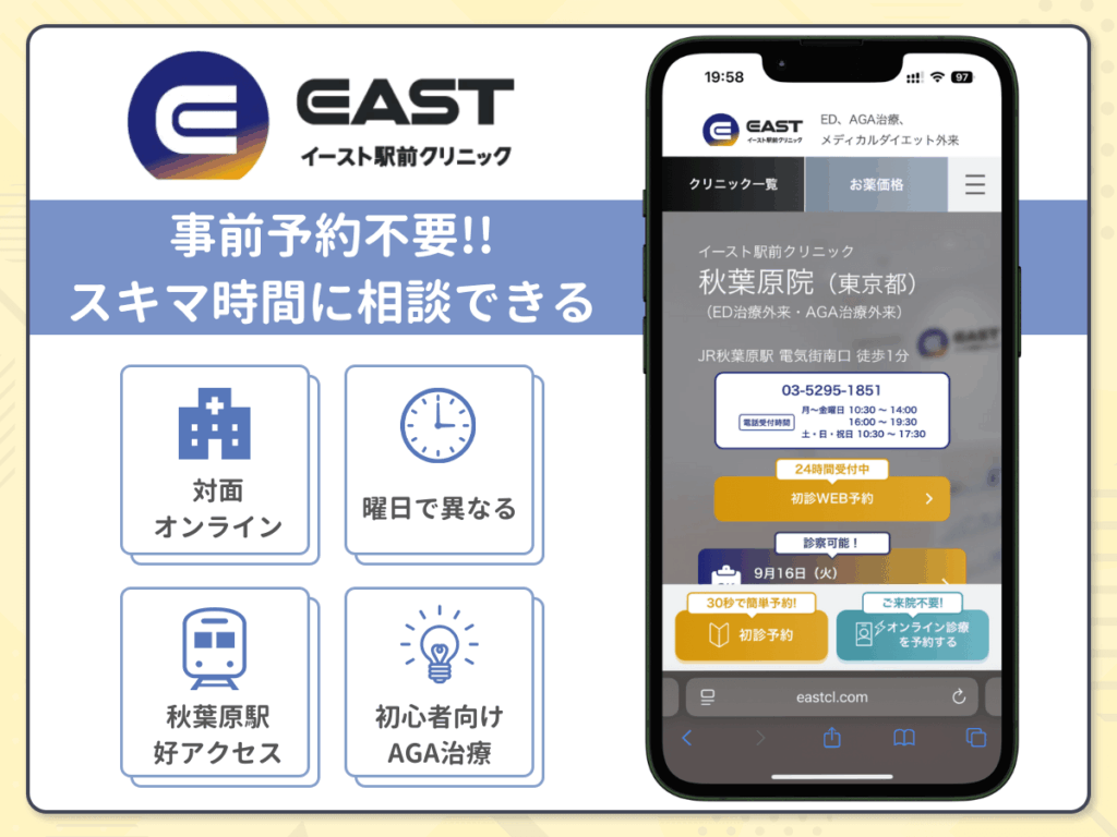イースト駅前クリニック秋葉原院は最短20分以内でAGA治療薬の処方をしてもらえる