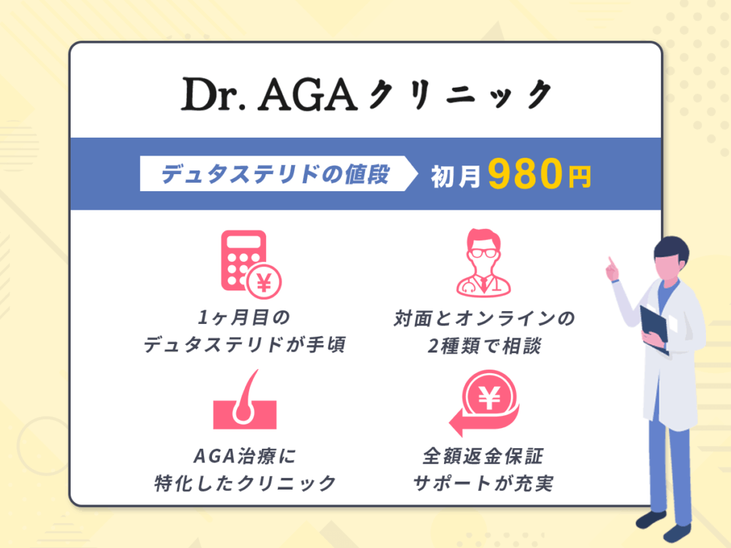 Dr.AGAクリニックは毛髪診断士が在籍する対面とオンライン診療の両方対応でデュタステリドが初月980円〜